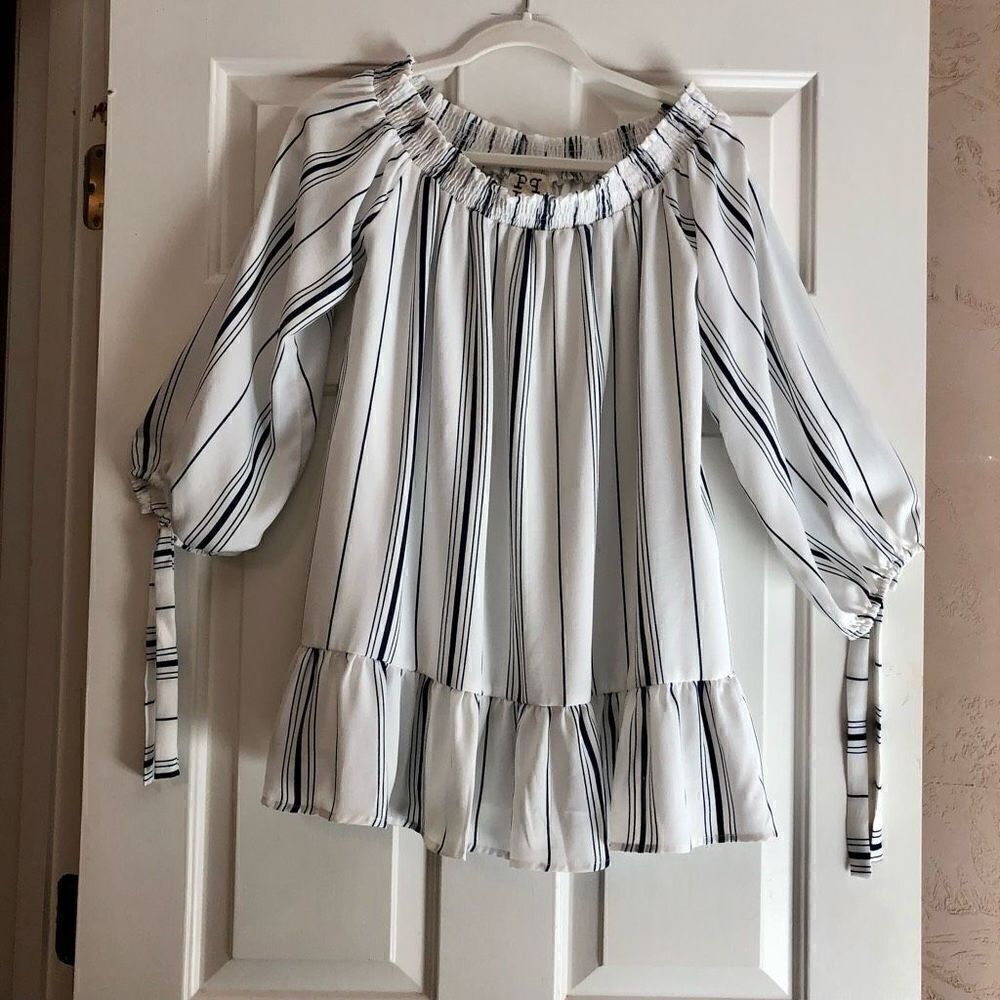 PPLA Women’s Blouse Long Sleeve Smocked Top Tie Wrist Elastic Off Shoulder Neck